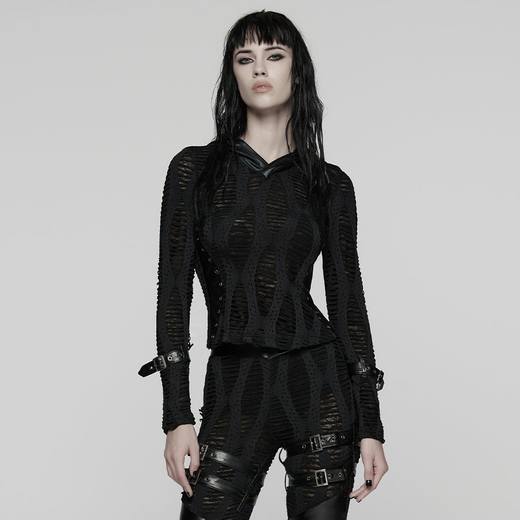 WT-1033TCF Edgy Punk T-Shirts Black Gothic Cutout Buckle Design