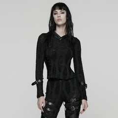 WT-1033TCF Edgy Punk T-Shirts Black Gothic Cutout Buckle Design