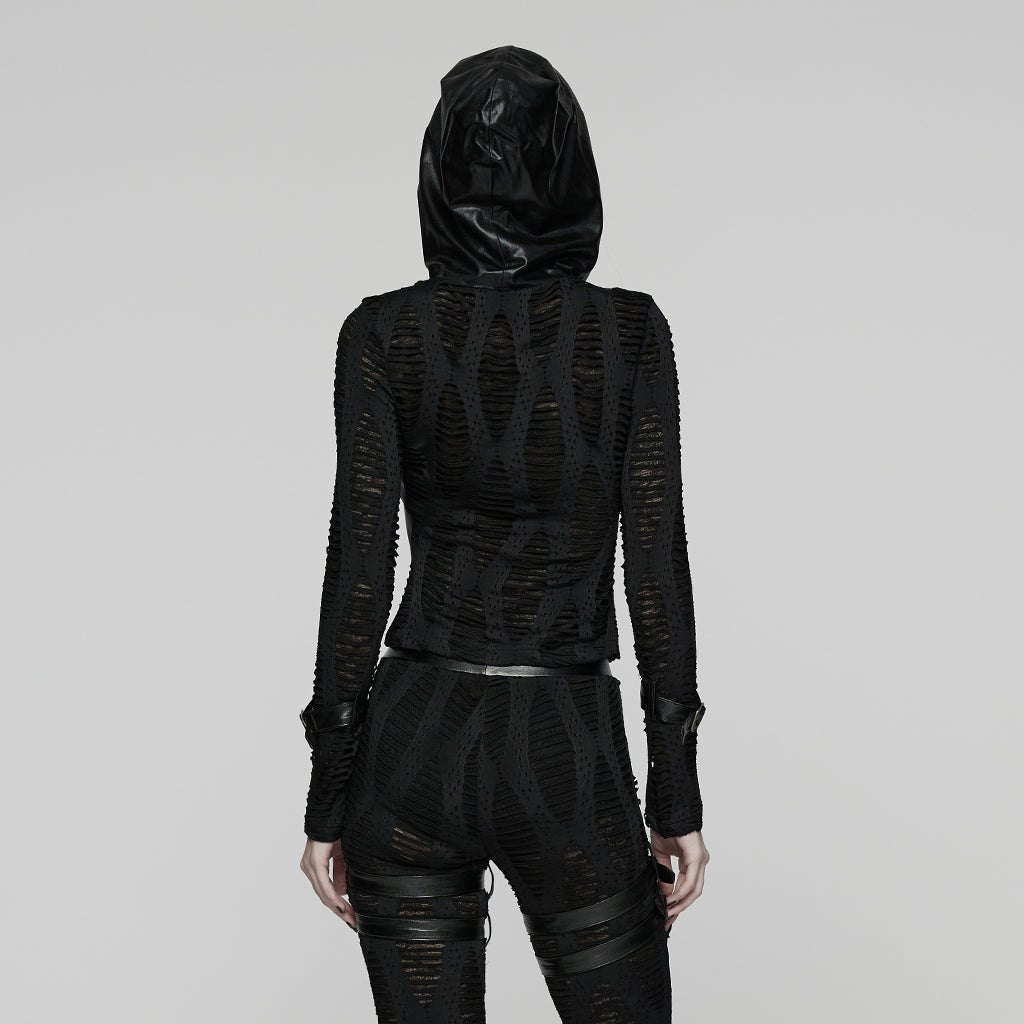 WT-1033TCF Edgy Punk T-Shirts Black Gothic Cutout Buckle Design