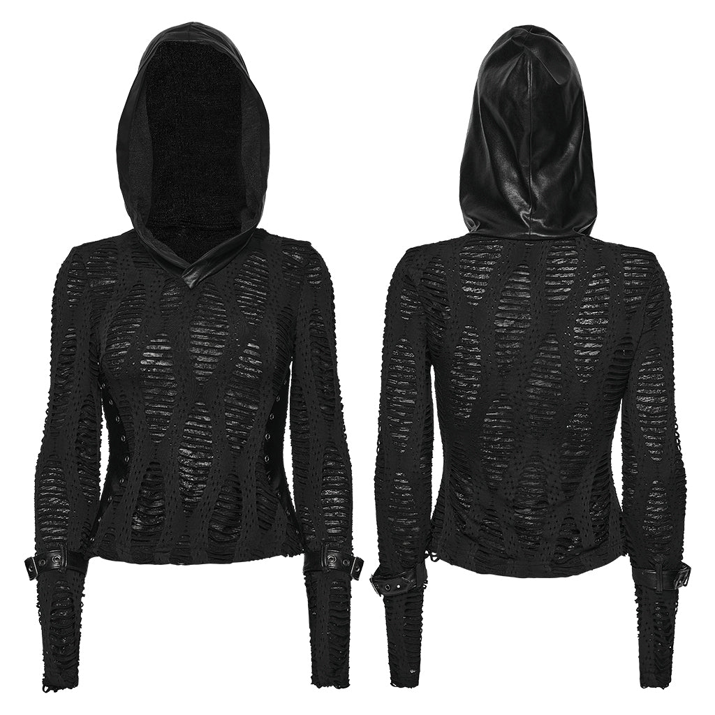 WT-1033TCF Edgy Punk T-Shirts Black Gothic Cutout Buckle Design