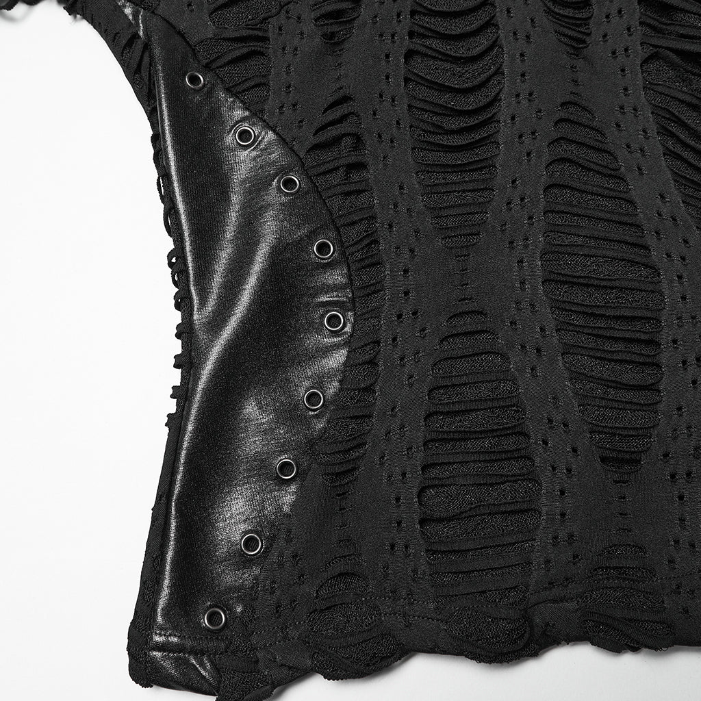 WT-1033TCF Edgy Punk T-Shirts Black Gothic Cutout Buckle Design