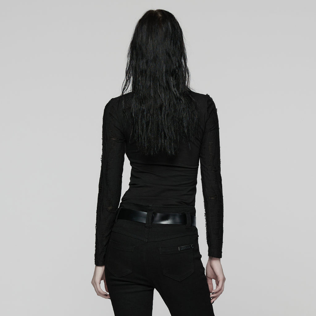 WT-1034TCF Gothic Buckle Strap Black Long Sleeve Punk T-Shirt