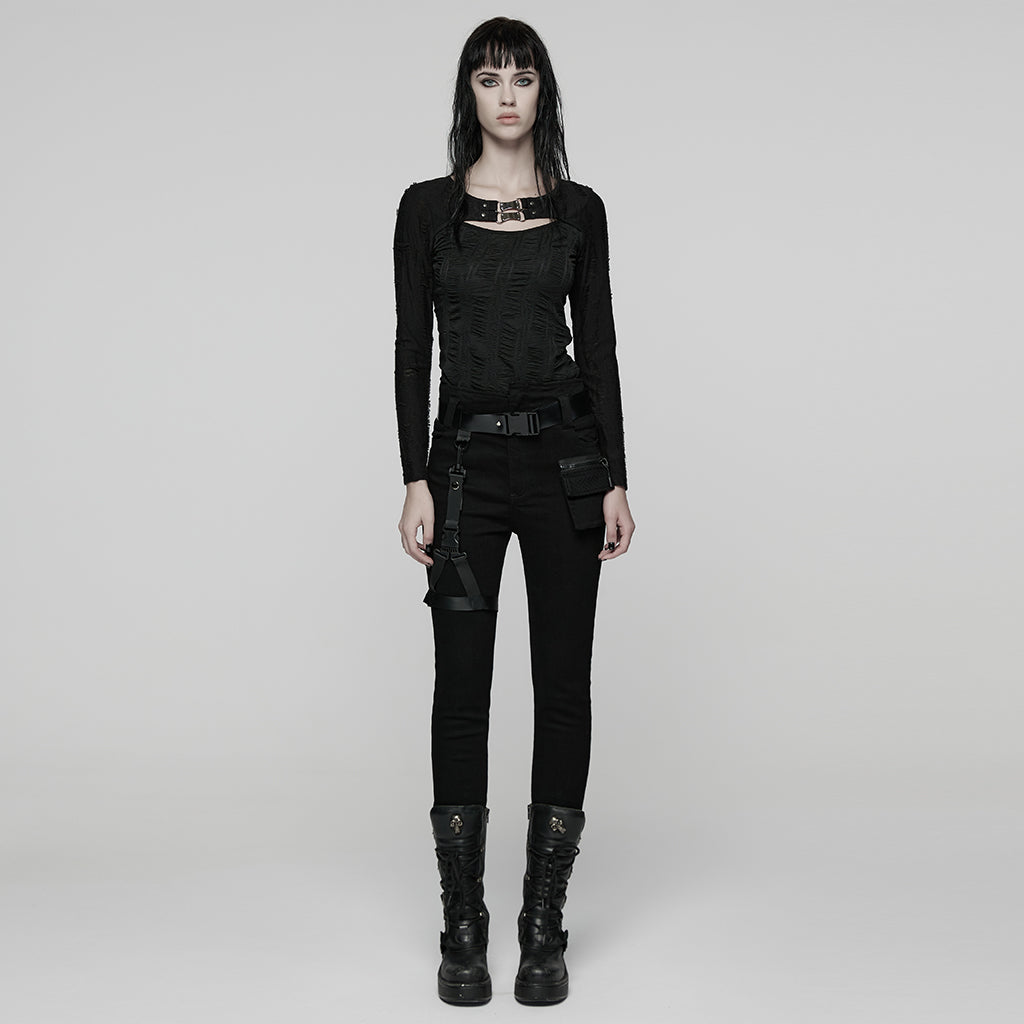 WT-1034TCF Gothic Buckle Strap Black Long Sleeve Punk T-Shirt