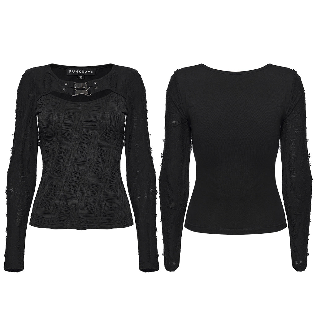 WT-1034TCF Gothic Buckle Strap Black Long Sleeve Punk T-Shirt