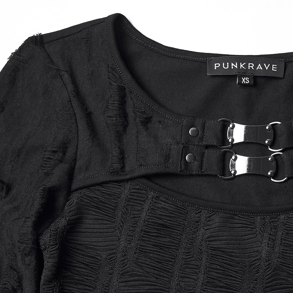 WT-1034TCF Gothic Buckle Strap Black Long Sleeve Punk T-Shirt