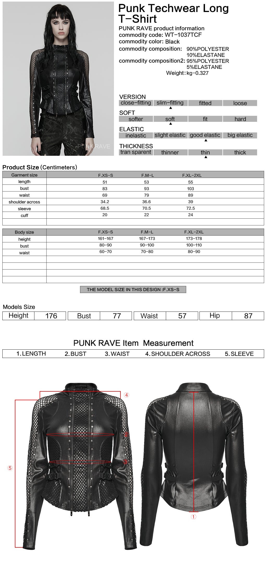 WT-1037TCF Edgy Mesh Detail Gothic Punk Jackets Long Sleeve Zipper Front