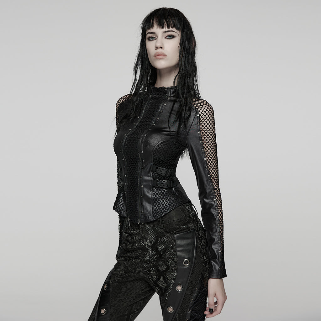 WT-1037TCF Edgy Mesh Detail Gothic Punk Jackets Long Sleeve Zipper Front