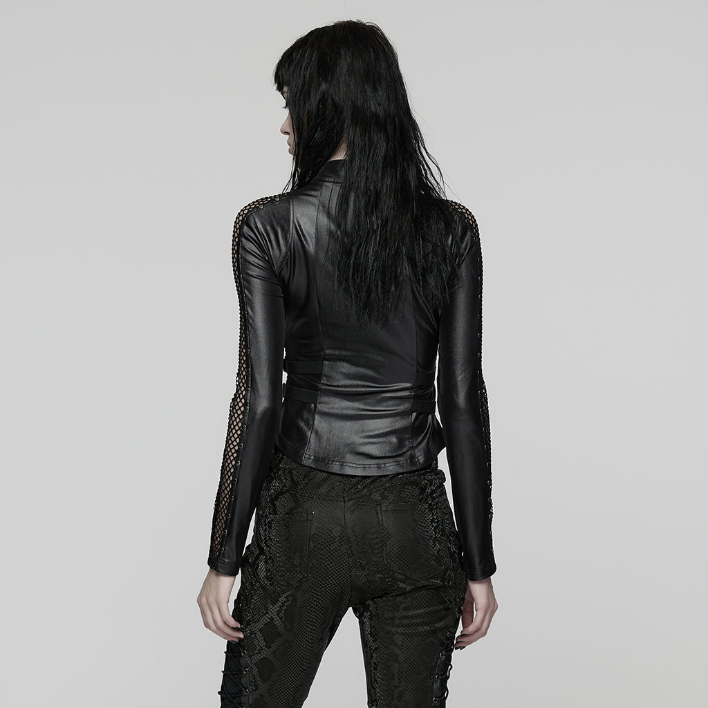 WT-1037TCF Edgy Mesh Detail Gothic Punk Jackets Long Sleeve Zipper Front