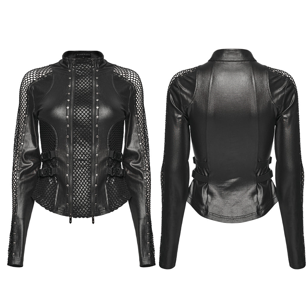 WT-1037TCF Edgy Mesh Detail Gothic Punk Jackets Long Sleeve Zipper Front