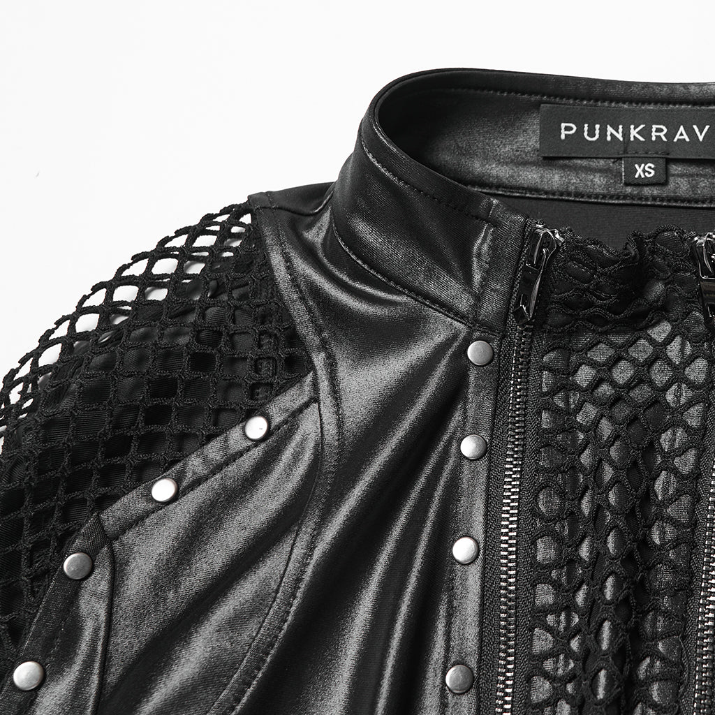 WT-1037TCF Edgy Mesh Detail Gothic Punk Jackets Long Sleeve Zipper Front
