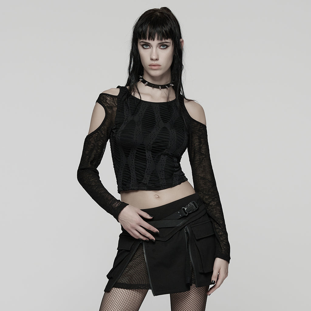 WT-1042TCF Edgy Black Cutout Long Sleeve Punk T-Shirts Top