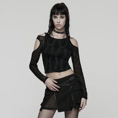 WT-1042TCF Edgy Black Cutout Long Sleeve Punk T-Shirts Top