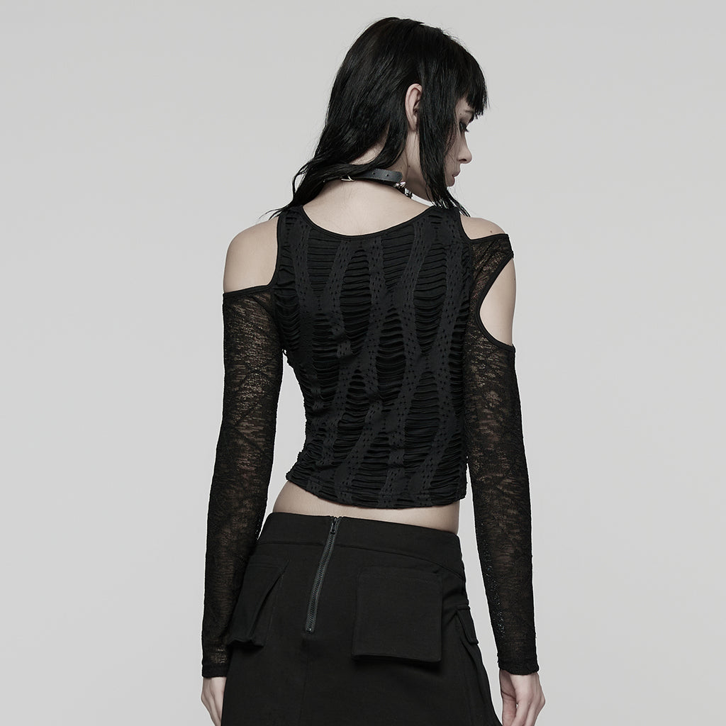 WT-1042TCF Edgy Black Cutout Long Sleeve Punk T-Shirts Top