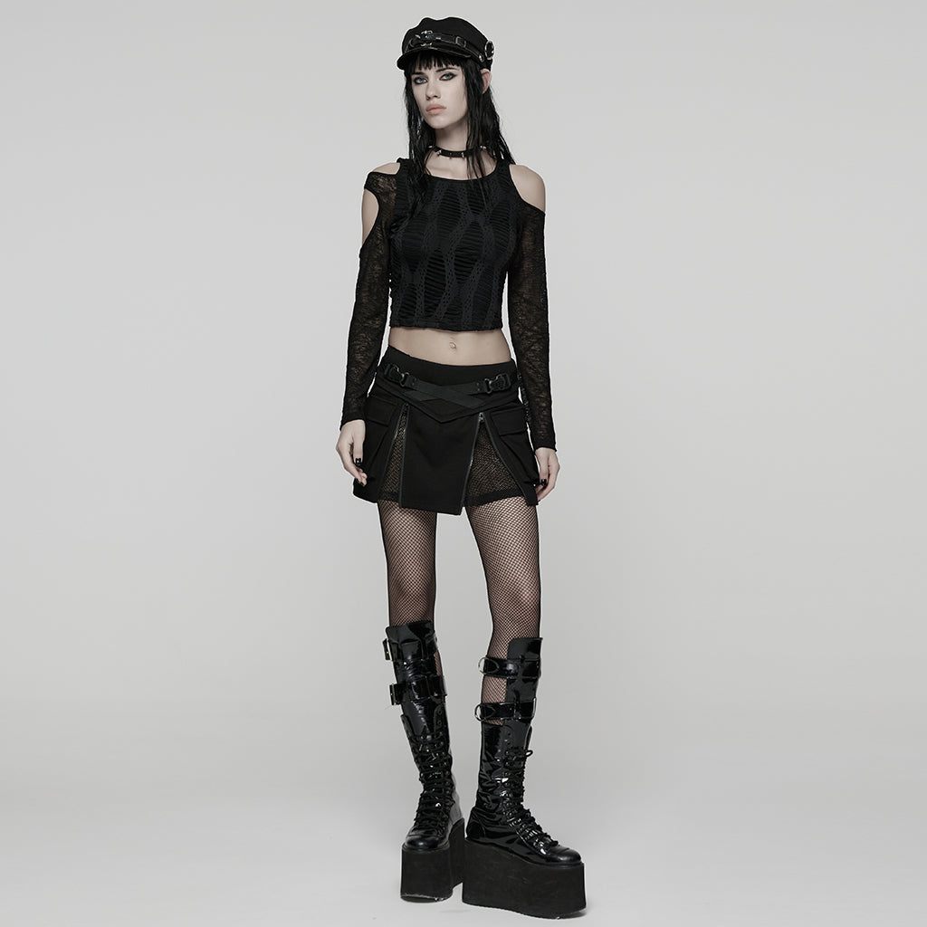 WT-1042TCF Edgy Black Cutout Long Sleeve Punk T-Shirts Top