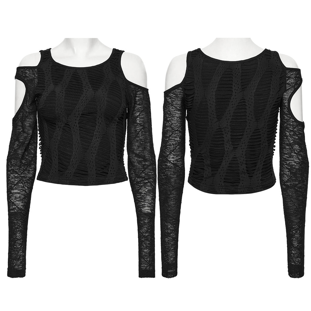 WT-1042TCF Edgy Black Cutout Long Sleeve Punk T-Shirts Top