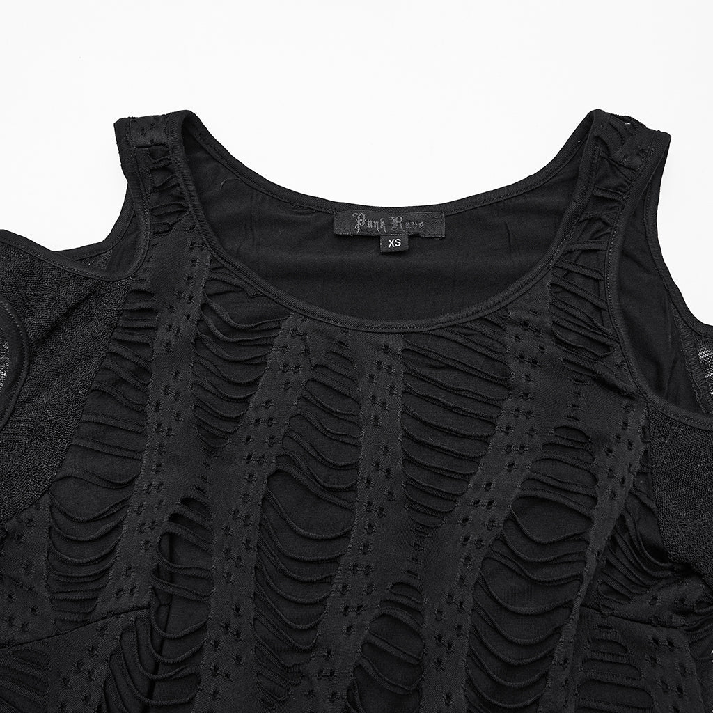 WT-1042TCF Edgy Black Cutout Long Sleeve Punk T-Shirts Top