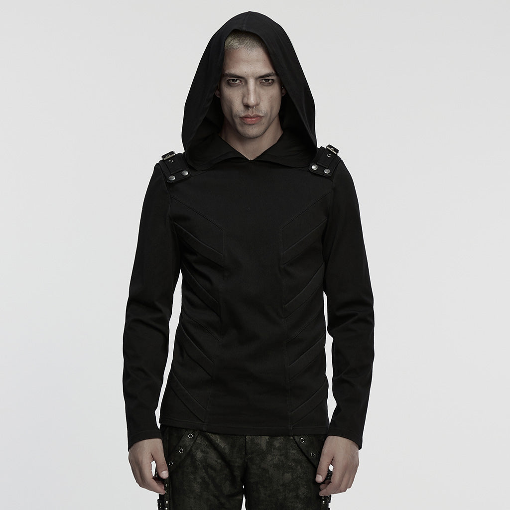 WT-1051TCM Punk Shirts Mens Black Hooded Strap Detail Long Sleeve Top
