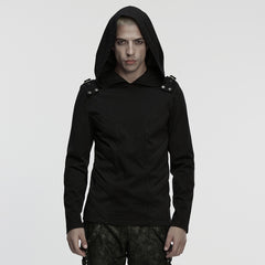 WT-1051TCM Punk Shirts Mens Black Hooded Strap Detail Long Sleeve Top