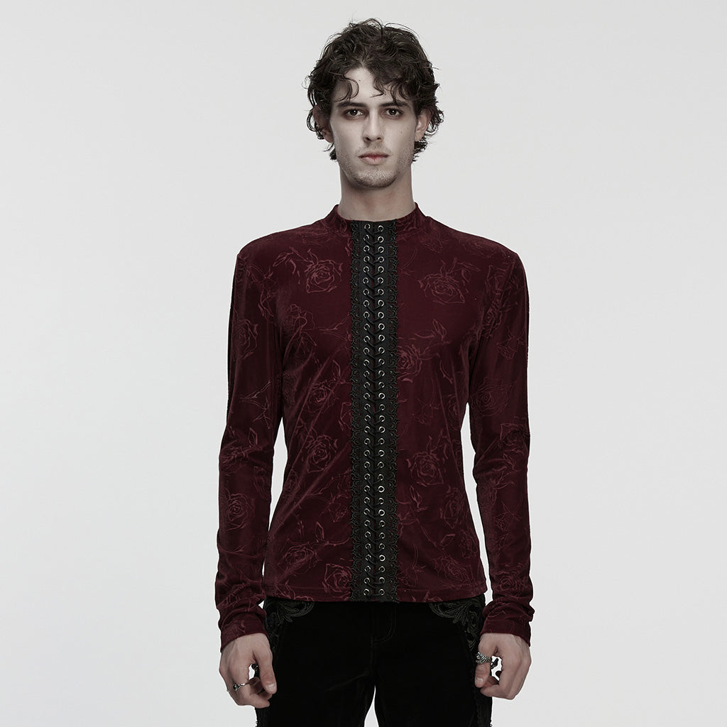 WT-1055TCM Gothic T-Shirts Dark Red Floral Lace-Up Long Sleeve Top