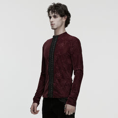 WT-1055TCM Gothic T-Shirts Dark Red Floral Lace-Up Long Sleeve Top