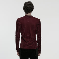 WT-1055TCM Gothic T-Shirts Dark Red Floral Lace-Up Long Sleeve Top