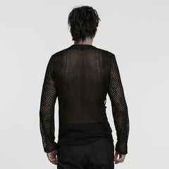 WT-1056TCM Black Mesh Grommet Punk T-Shirts Edgy Long Sleeve Style