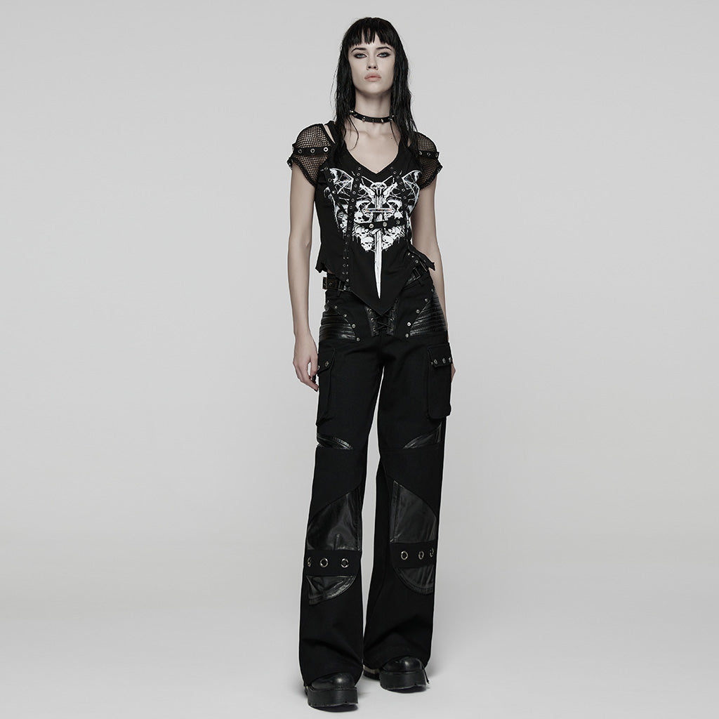 WT-1057TDF Gothic Mesh Sleeve Punk T-Shirts with Skull Graphics