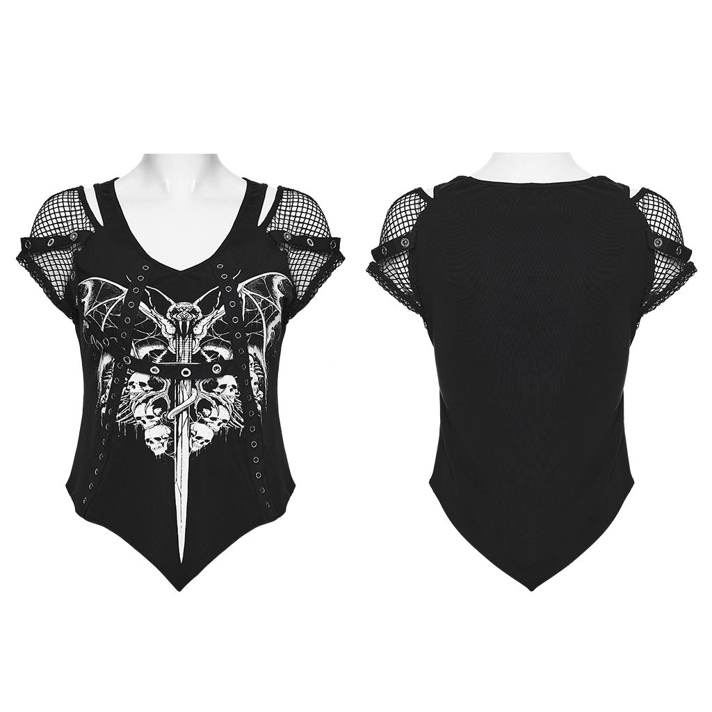 WT-1057TDF Gothic Mesh Sleeve Punk T-Shirts with Skull Graphics