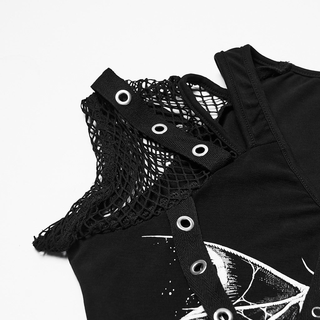 WT-1057TDF Gothic Mesh Sleeve Punk T-Shirts with Skull Graphics