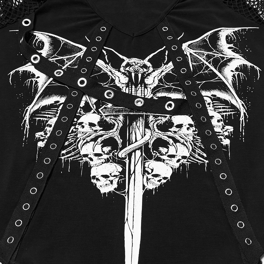 WT-1057TDF Gothic Mesh Sleeve Punk T-Shirts with Skull Graphics
