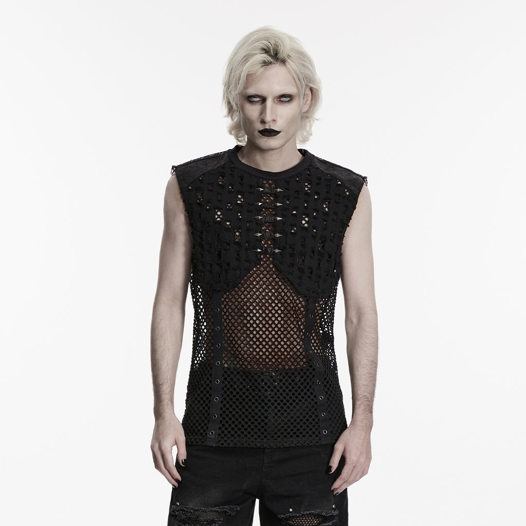 WT-1088BXM Mesh Cutout Lace Up Punk Vests Sleeveless Gothic Top