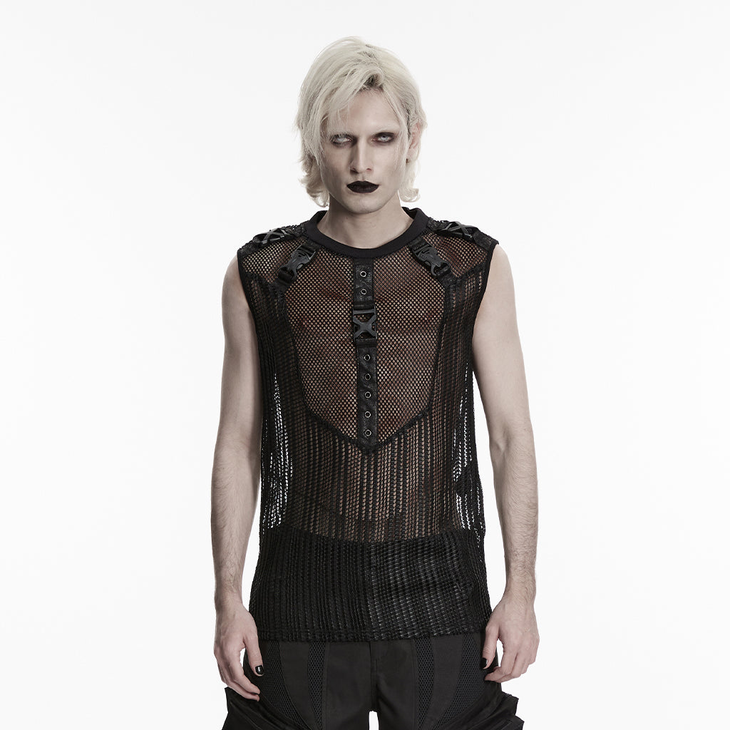 WT-1089BXM Mens Black Mesh Buckle Steampunk Goth Punk Vests