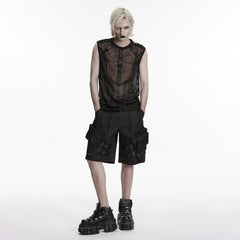 WT-1089BXM Mens Black Mesh Buckle Steampunk Goth Punk Vests