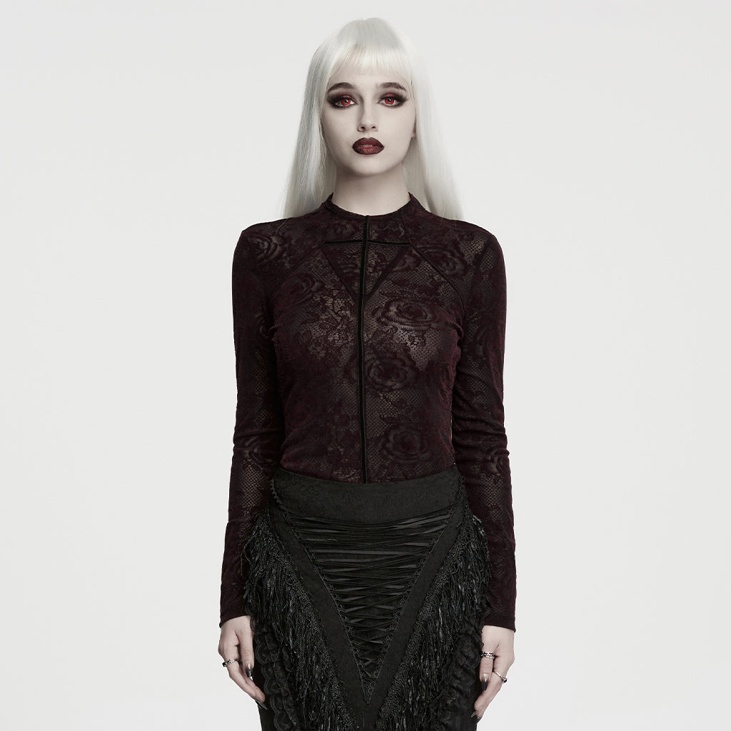 WT-1110TCF Gothic Shirts Sheer Lace Floral Long Sleeve Top