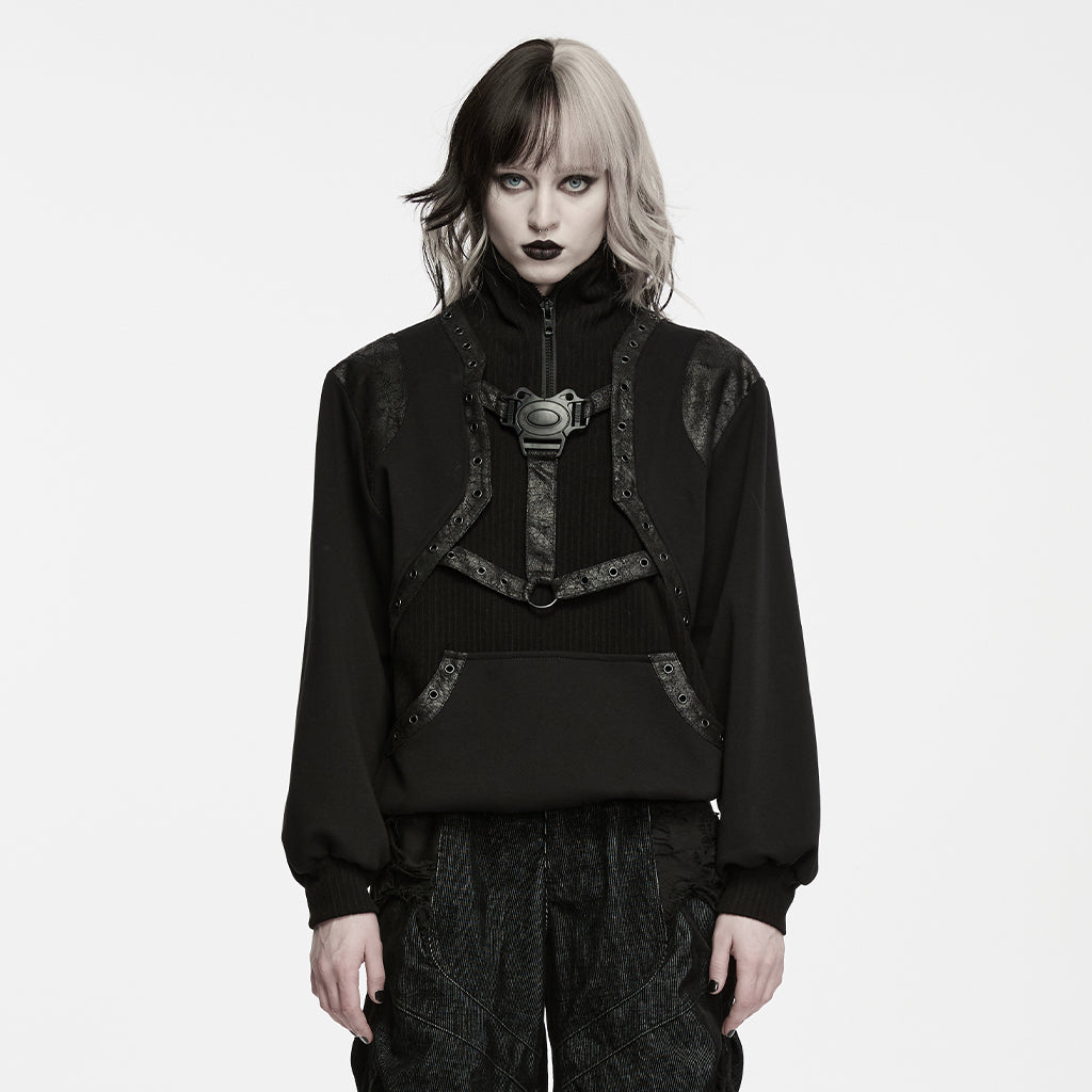 WT-1118WYF Gothic Buckle Harness Punk Sweater with Leather Accents