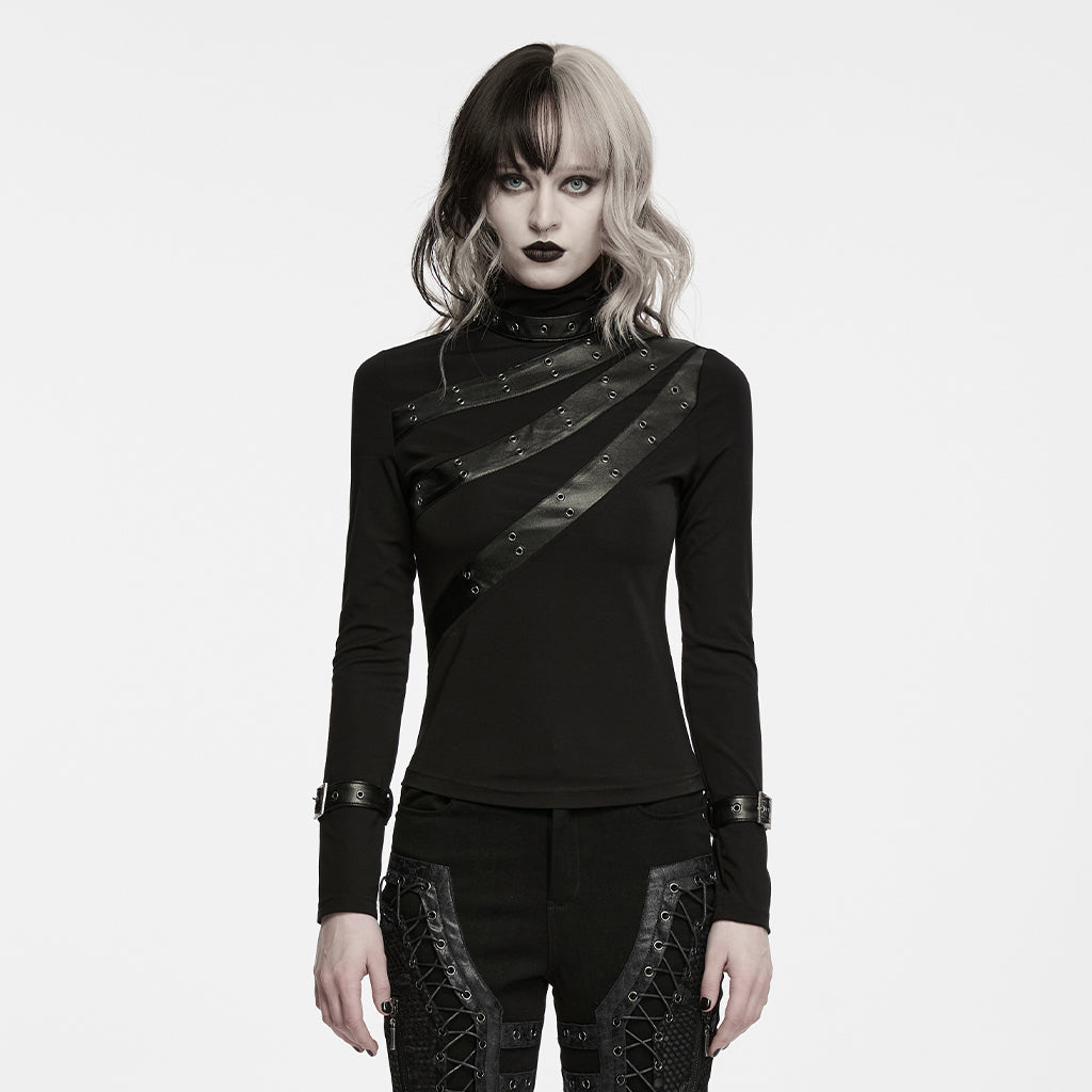 WT-1119TCF Black Striped Buckle Long Sleeve Punk T Shirts