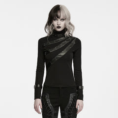 WT-1119TCF Black Striped Buckle Long Sleeve Punk T Shirts