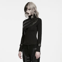 WT-1119TCF Black Striped Buckle Long Sleeve Punk T Shirts