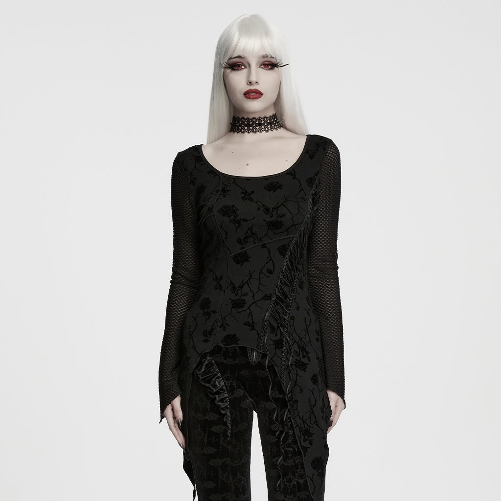 WT-1120TCF Elegant Lace Mesh Sleeve Gothic T Shirts with Floral Velvet Pattern