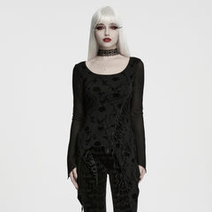 WT-1120TCF Elegant Lace Mesh Sleeve Gothic T Shirts with Floral Velvet Pattern