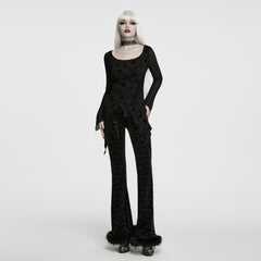 WT-1120TCF Elegant Lace Mesh Sleeve Gothic T Shirts with Floral Velvet Pattern