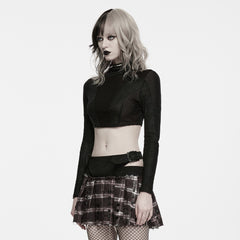 WT-1124TCF Black Gothic Mesh Detail Crop Punk T Shirts Long Sleeve