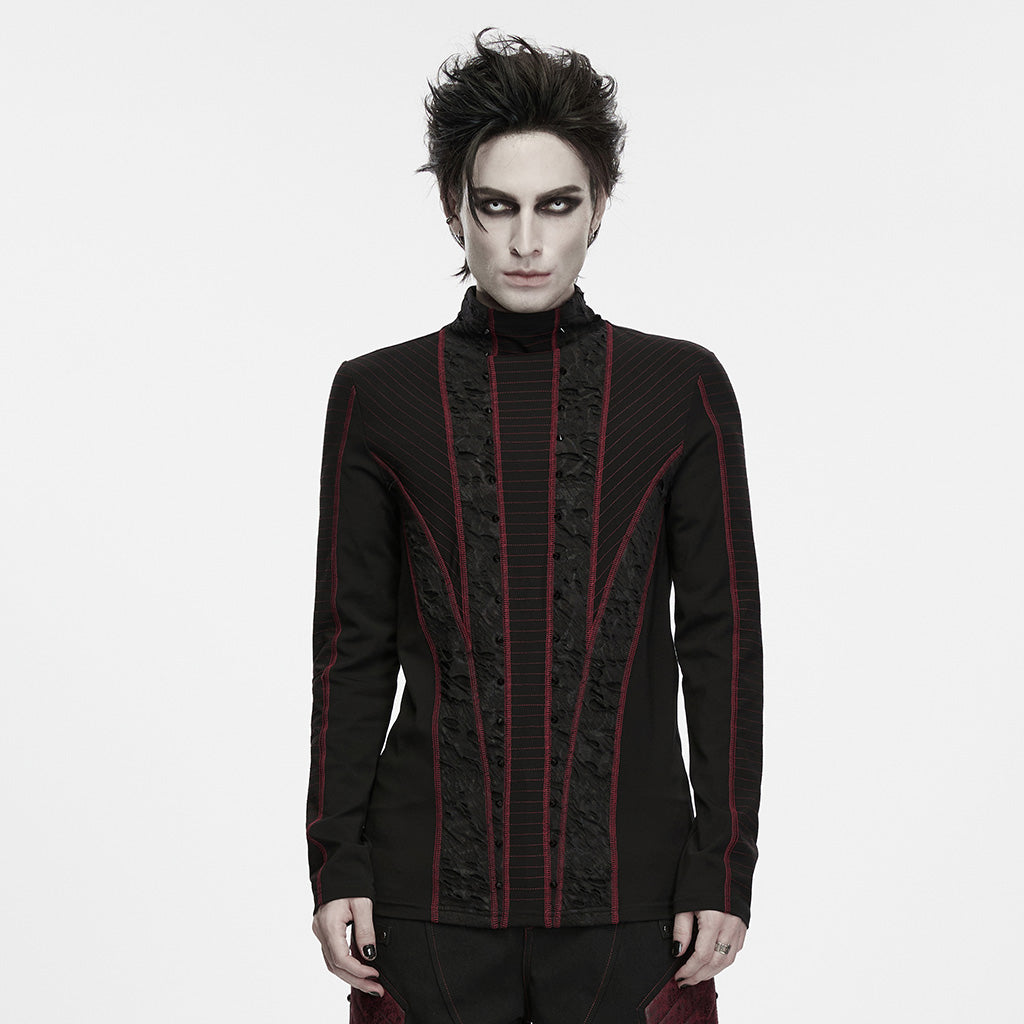 WT-1126TCM Gothic Lace Detail Striped Black Red Long Sleeve Punk T Shirts