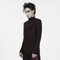 WT-1126TCM Gothic Lace Detail Striped Black Red Long Sleeve Punk T Shirts