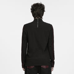 WT-1126TCM Gothic Lace Detail Striped Black Red Long Sleeve Punk T Shirts