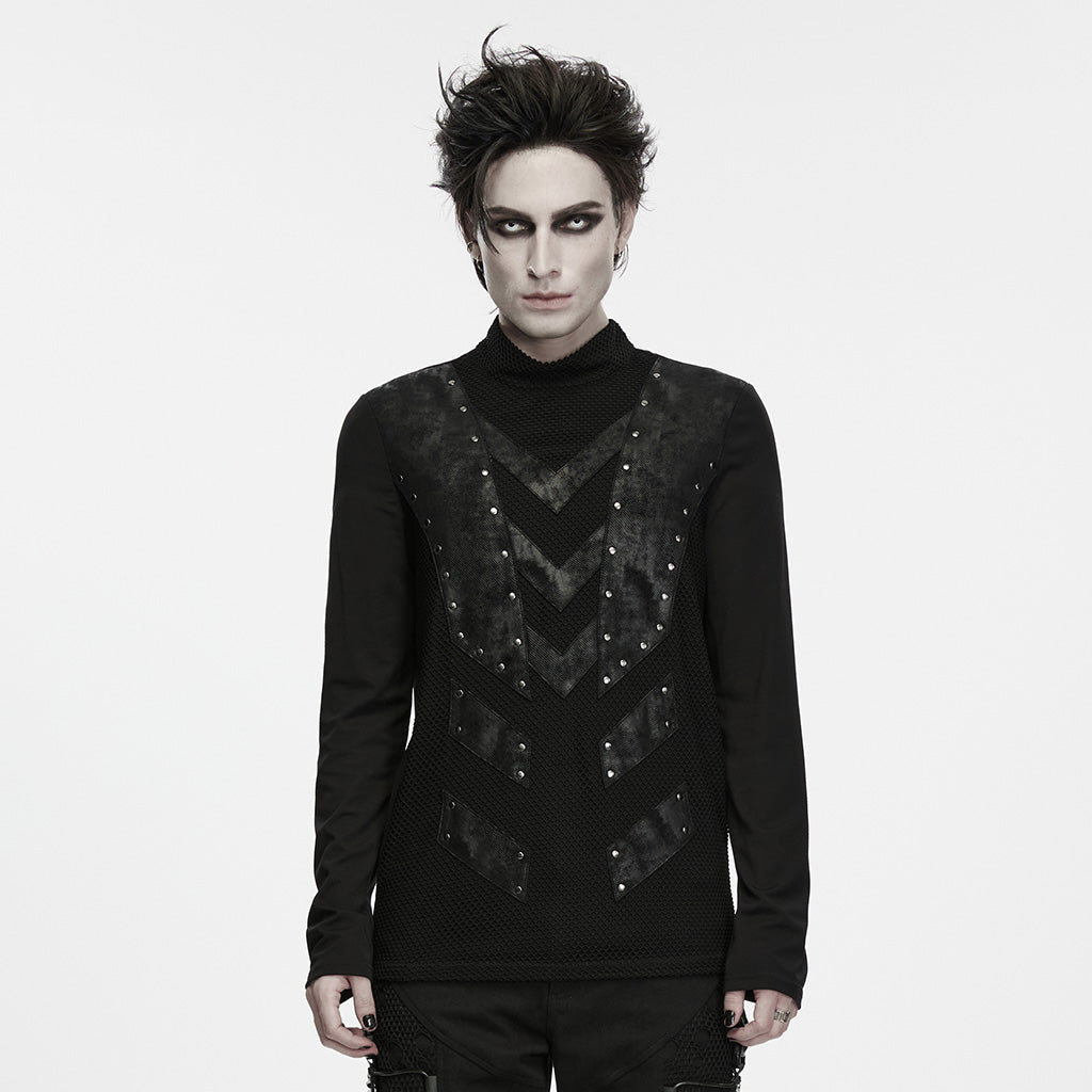 WT-1127TCM Gothic Studded Chevron Mesh Punk T Shirts Long Sleeve Design