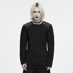 WT-1129TCM Black Long Sleeve Punk T Shirts with Studded Leather Shoulders