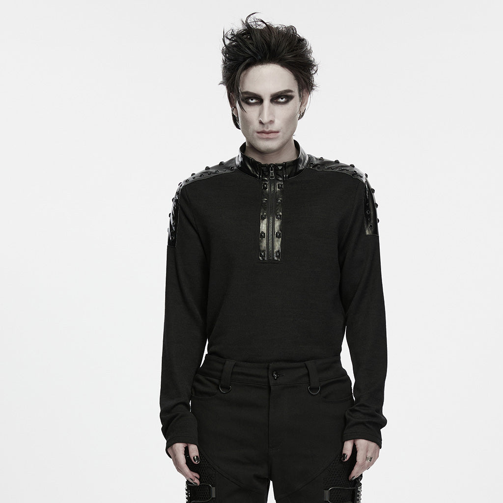 WT-1130TCM Mens Black Studded Leather Accent Punk T Shirts Long Sleeve
