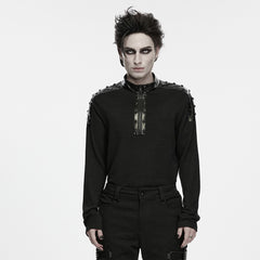 WT-1130TCM Mens Black Studded Leather Accent Punk T Shirts Long Sleeve