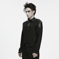 WT-1130TCM Mens Black Studded Leather Accent Punk T Shirts Long Sleeve